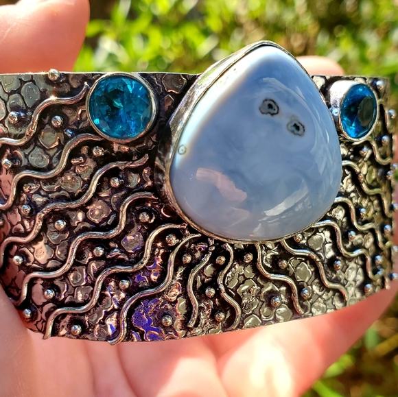 New Owyhee Opal and Blue Topaz 925 Silver Cuff Bracelet. - Picture 7 of 16